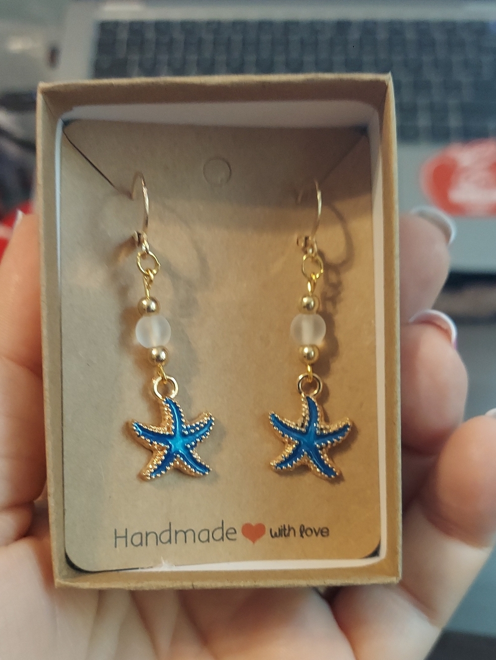 Handmade Gold-Trim Blue Starfish Drop Earrings
